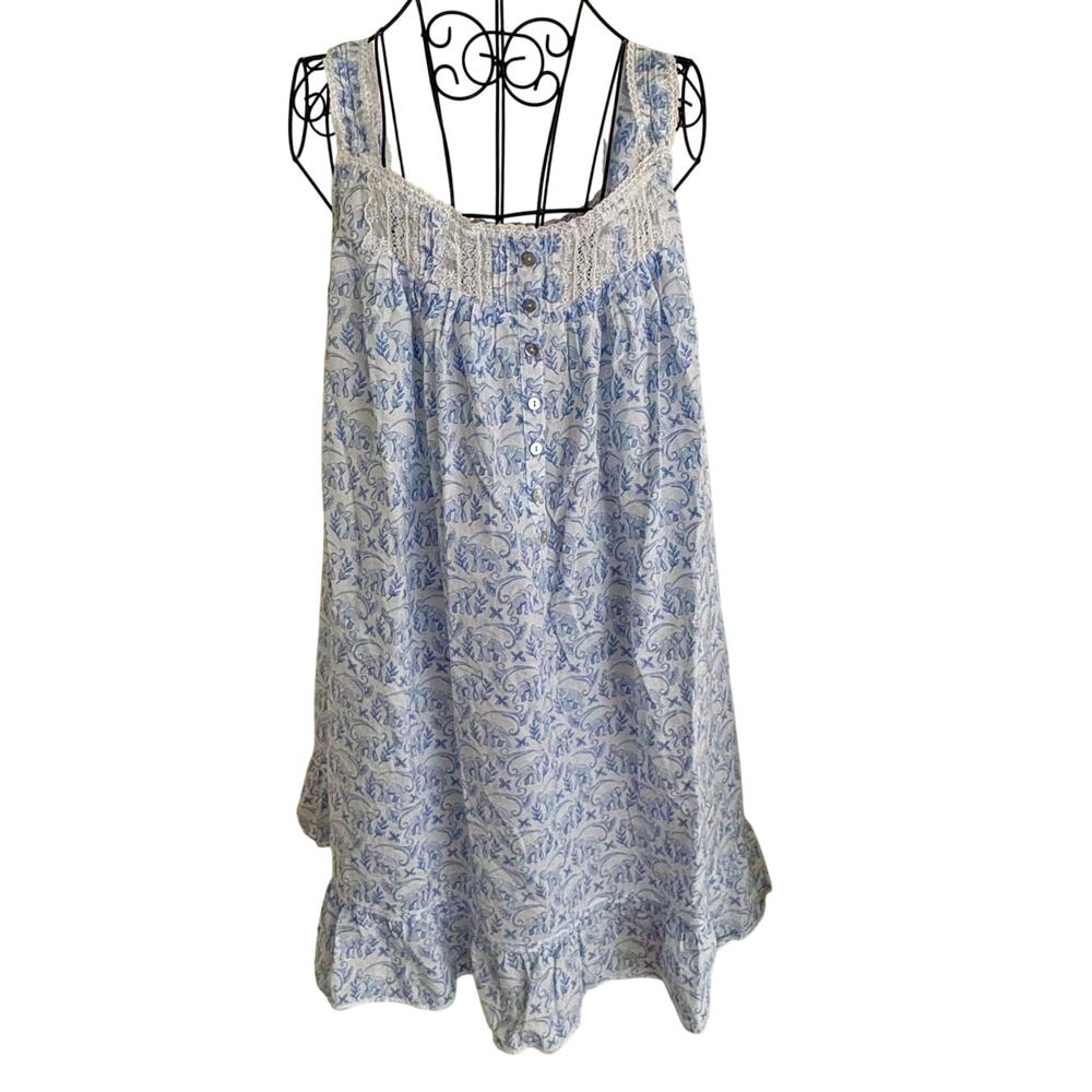 Eileen West Elephant Print Ruffled Lace Pintuck Nightgown Cotton Victorian Retro